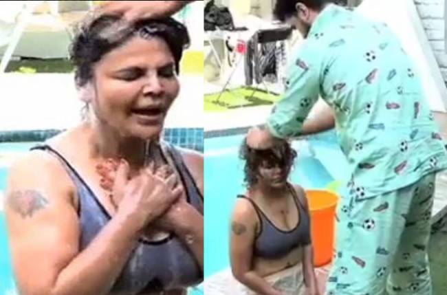 Bigg Boss 14: Rahul Vaidya, Aly Goni gives bath to Rakhi Sawant