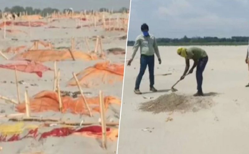 Shrouds removed from bodies buried in sand on banks of Ganga in Prayagraj